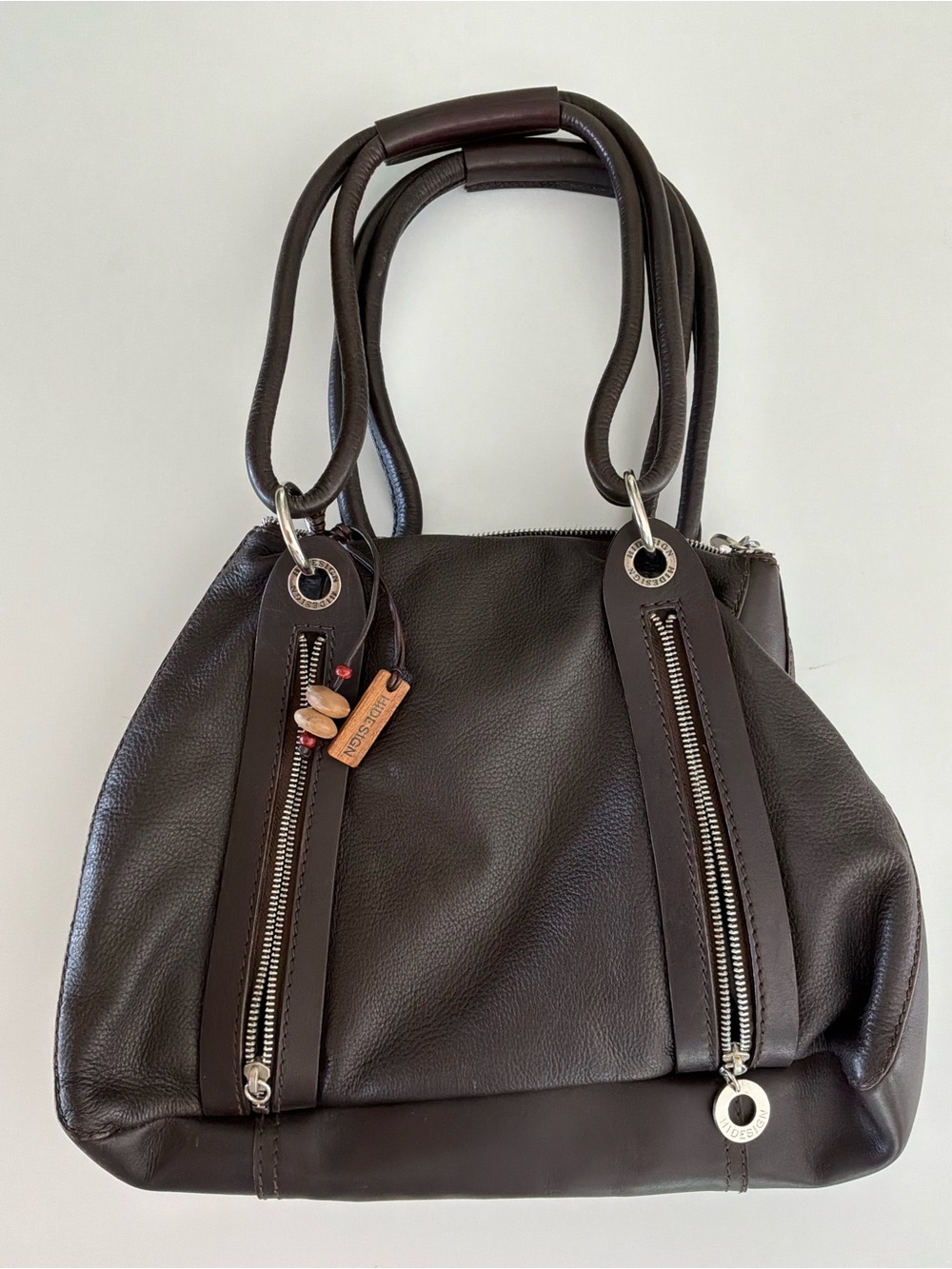 Dark Brown Leather Tote Bag with Dual Zipper Accents Hidesign